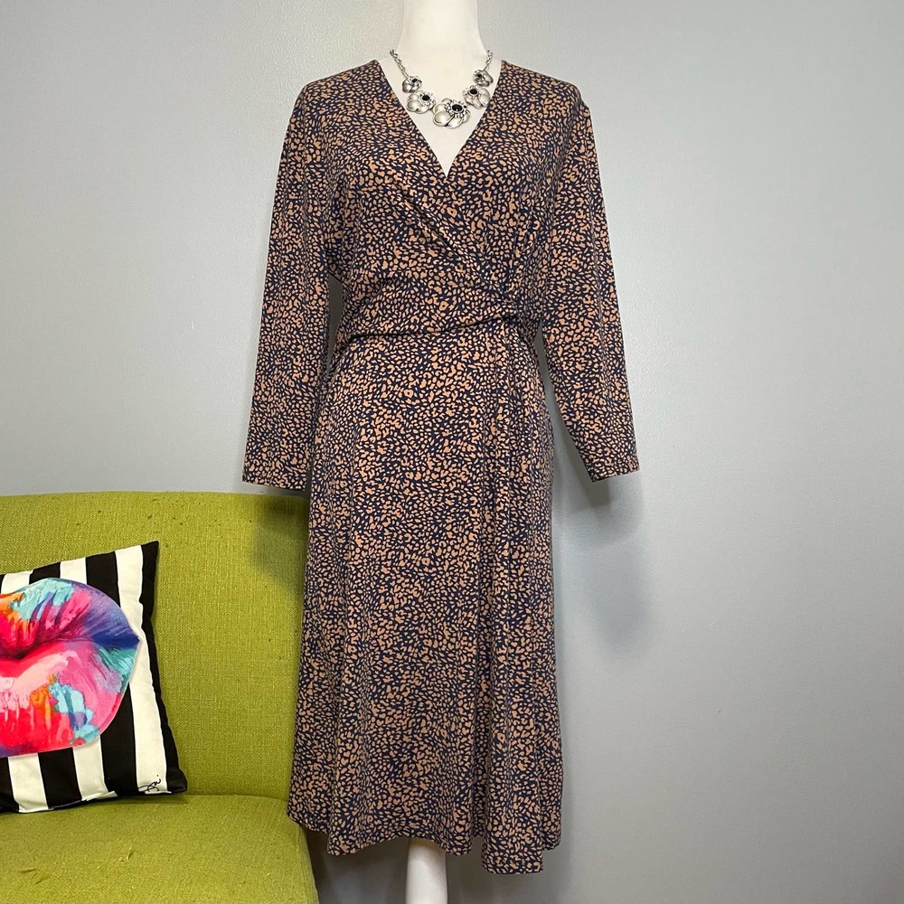 Lands End Brown Blue Cotton Jersey Knee Length Dress